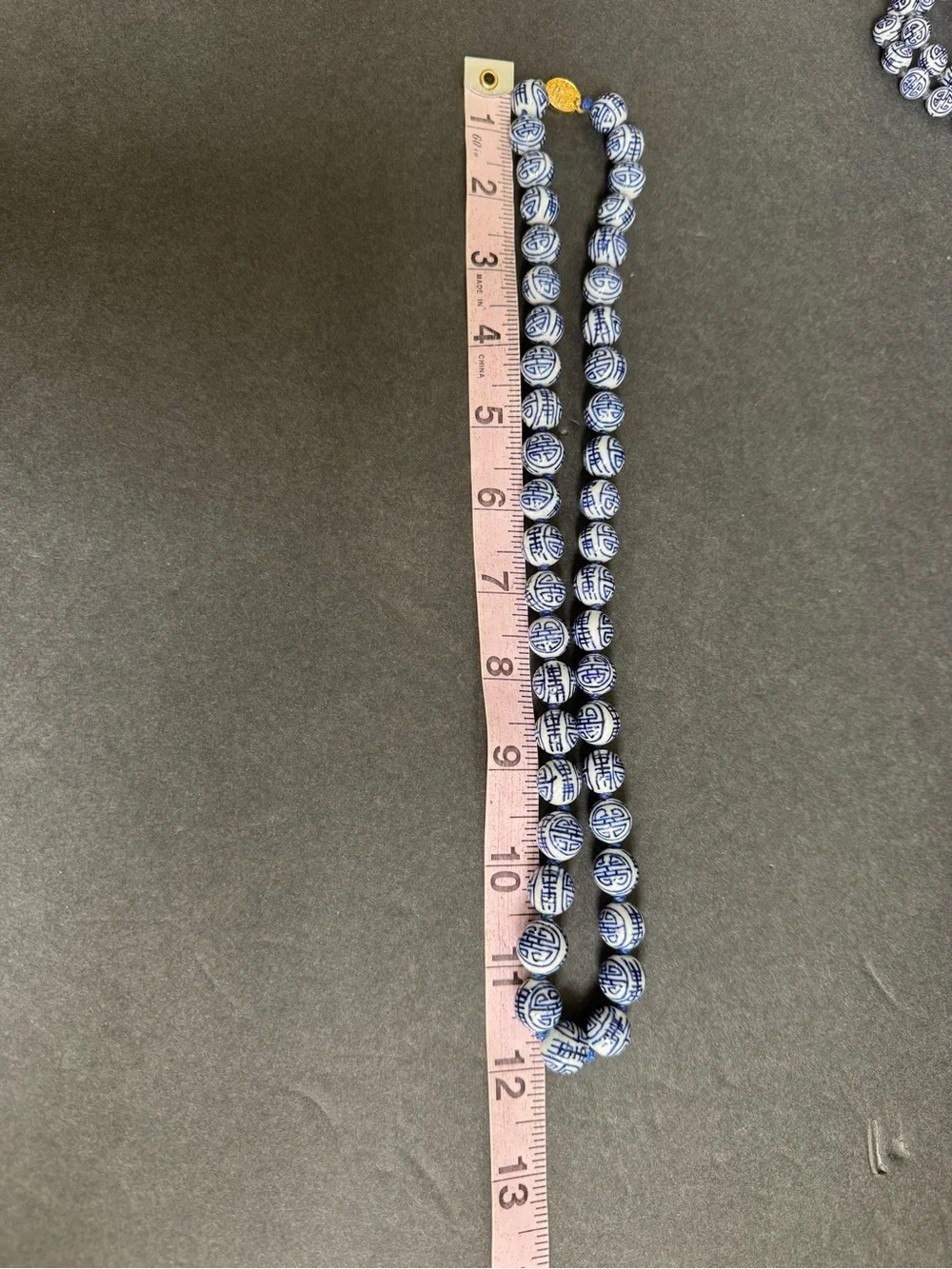 Vintage Chinese Shou Bead Necklace Blue White Porcelain Beaded Longevity 24